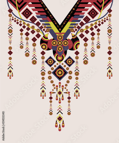 Kaftan necklines. The neckline pattern and motif on this ethnic and geometric textile is reminiscent of a sci-fi movie costume. Fabric design for covers, fabrics, textiles, wraps, clothes, and apparel
