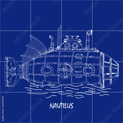 Nautilus submarine detailed vintage drawing
