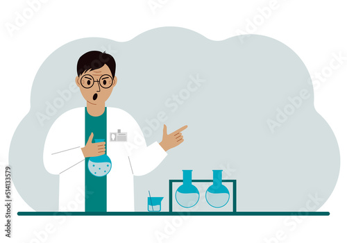 Male scientist with flasks. Experimental scientist, laboratory assistant, biochemistry, chemical, scientific research.