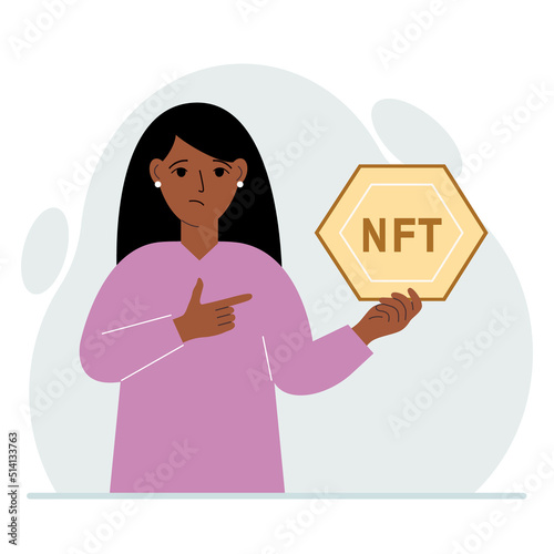 NFT concept. The woman is holding nft in his hand. Works of art using non-fungible tokens for auctions, sale and purchase of works of art.