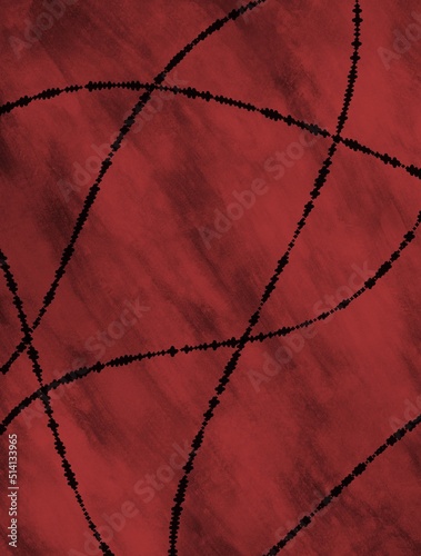 Vertical or horizontal illustration, ornamental black lines on grungy red background