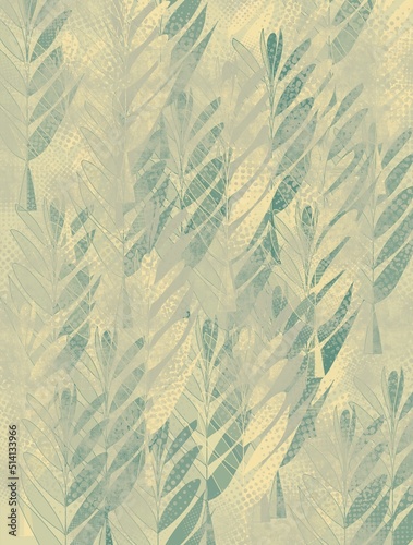 Vertical illustration, green and gray branches on yellow background
