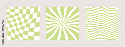 Set of twisted gingham checkerboard, swirl and wave background in lime nouveau green summer color. Groovy hippie chessboard pattern. Retro wavy 60s 70s abstract psychedelic design. Vector illustration