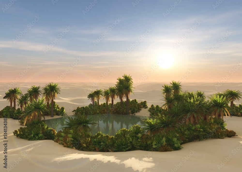 Oasis at sunset in a sandy desert, a panorama of the desert with palm trees,
Oasis at sunset in a sandy desert, a panorama of the desert with palm trees,