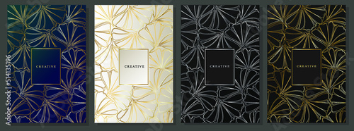 Gold luxury backgrounds. Set of elegant covers, platinum, black and gold, silver, peacock blue. Abstract pattern, silhouette flowers, contour line. Floral pattern, vector.