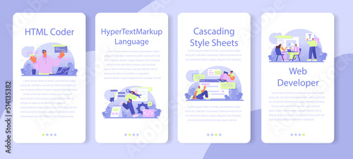 Website development mobile application banner set. HTML coding process