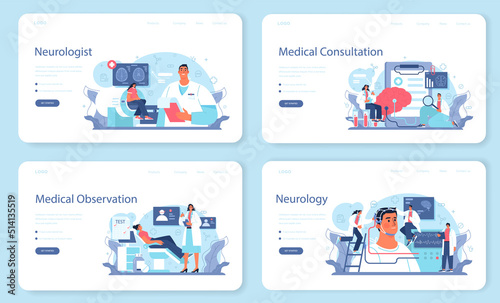 Neurologist web banner or landing page set. Doctor examine