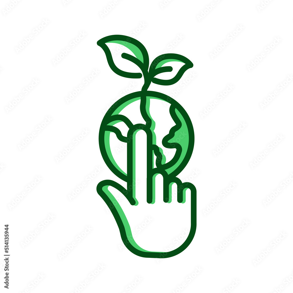 Earth icon with leaf and hand touch. Suitable for ecology icon, touch screen. Two tone icon style. Simple design editable Earth icon with leaf and hand touch. Suitable for ecology icon, touch screen. Two tone icon style. Simple design editable