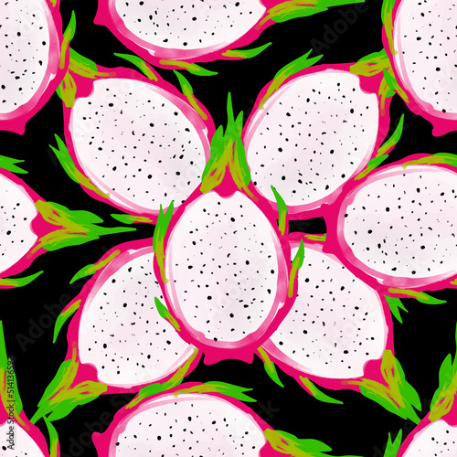 Seamless pattern with iIllustration of a pitahaya on a black background