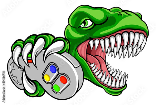 Dinosaur Gamer Video Game Controller Mascot