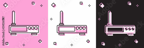 Set Router and wi-fi signal icon isolated on pink and white, black background. Wireless ethernet modem router. Computer technology internet. Vector