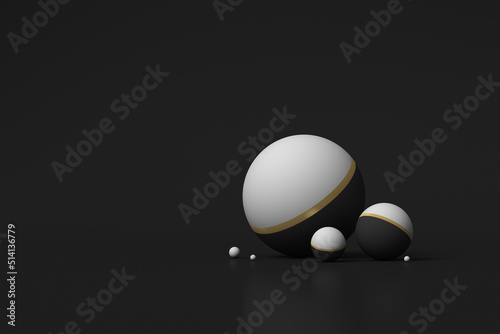 White spheres with gold decor on a black background. 3d render illustration. © 3dddcharacter