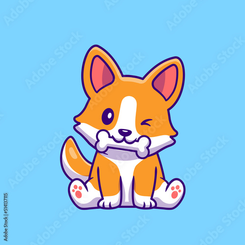 Cute Corgi Dog Eating Bone Cartoon Vector Icon Illustration. Animal Nature Icon Concept Isolated Premium Vector. Flat  Cartoon Style