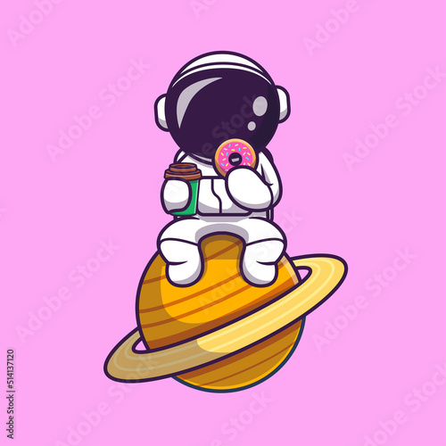 Cute Astronaut Eating Doughnut And Holding Coffee Cup On Planet Cartoon Vector Icon Illustration. Science Food Icon Concept Isolated Premium Vector. Flat Cartoon Style
