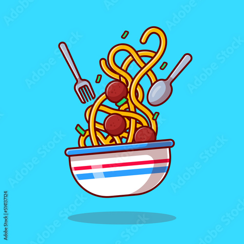 Floating Spaghetti Noodle With Meat Ball Cartoon Vector Icon Illustration. Food Icon Concept Isolated Premium Vector. Flat Cartoon Style