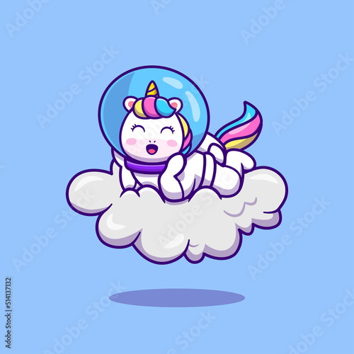 Cute Astronaut Unicorn Laying On Cloud Cartoon Vector Icon Illustration. Animal Science Icon Concept Isolated Premium Vector. Flat Cartoon Style