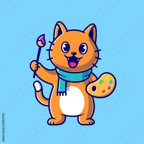 Cute Cat Painter Holding Colour Pallete And Brush Cartoon Vector Icon Illustration. Animal Art Icon Concept Isolated Premium Vector. Flat Cartoon Style