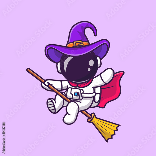 Cute Witch Astronaut Flying With A Magic Broom Cartoon Vector Icon Illustration. Science Holiday Icon Concept Isolated Premium Vector. Flat Cartoon Style