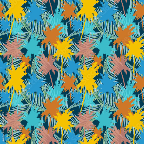 Abstract tropical seamless pattern  palm tree spots on blue background