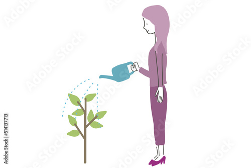 木に水をやる女性　イラスト