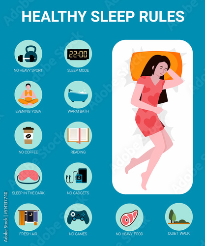 Sleep rules. bad sliping time rules for healthy night insomnia concept vector icons