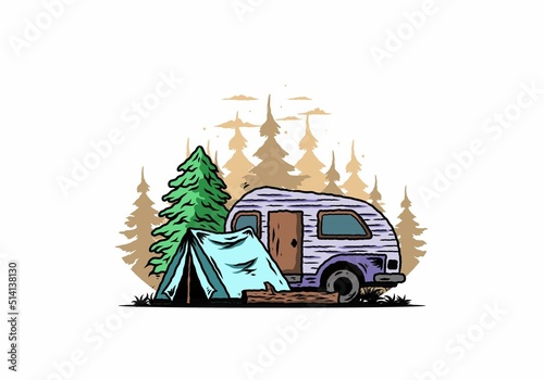 Teardrop camper and tent in front of pine tree illustration