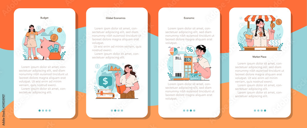 Economy school subject mobile application banner set. Student studying
