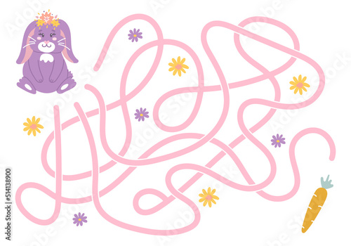 Labyrinth, help the rabbit find the right way to the carrot. Logical quest for children. Cute illustration for childrens books, educational game