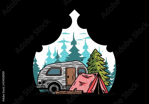 Teardrop camper and tent in front of pine tree illustration