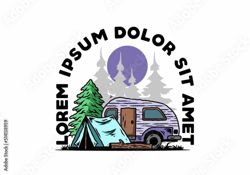 Teardrop camper and tent in front of pine tree illustration