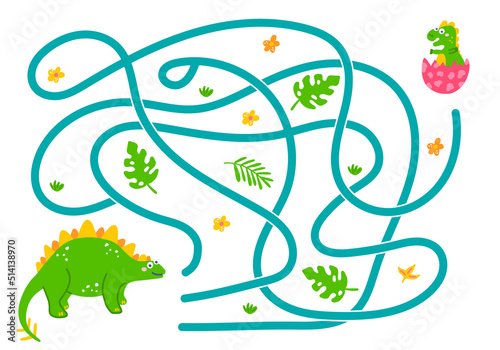 Labyrinth, help the dinosaur find the right way to the baby. Logical quest for children. Cute illustration for childrens books, educational game