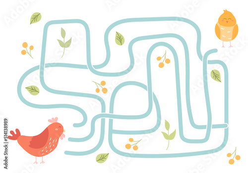 Labyrinth, help the chicken find the right way to the baby. Logical quest for children. Cute illustration for childrens books, educational game