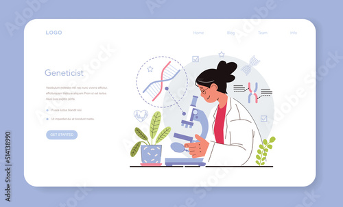 Geneticist web banner or landing page. Scientist work with DNA molecule