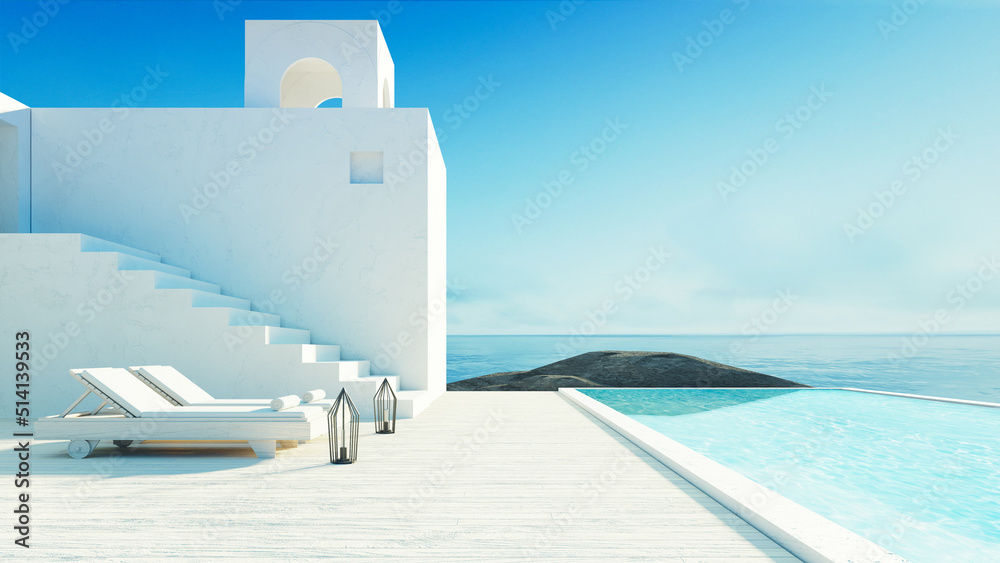 
Luxury beach sea view hotel and resort - santorini style - 3D 

rendering 
 - obrazy, fototapety, plakaty 