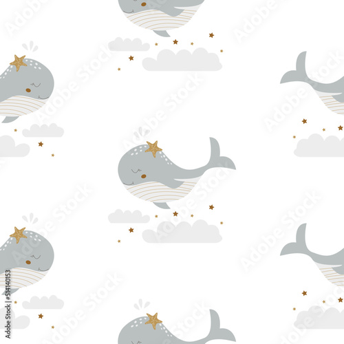 Baby seamless pattern with cute whales in the starry sky. Vector flat background for children room decoration, textiles, packaging. Ocean cute animals. Kids print Scandinavian style. Nursery design