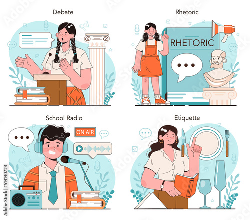 Rhetoric school class set. Students training public speaking and debates.