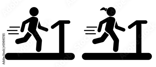 Simple Vector stickman, Stick man woman run or at treadmill Sport Cardio Isolated on white