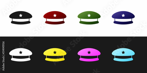 Set Military beret icon isolated on black and white background. Soldiers cap. Army hat. War baret. Vector