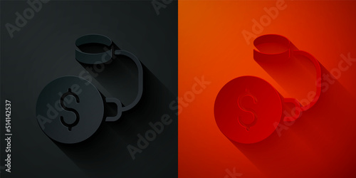 Paper cut Debt ball chained to dollar coin icon isolated on black and red background. Big heavy debt weight with shackles and money. Financial crime, fee, crisis. Paper art style. Vector