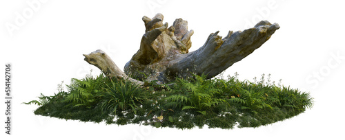 3d render garden decorated with stones and logs on a white background.