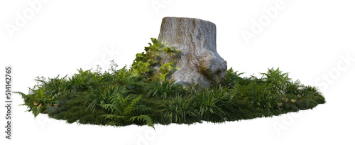 3d render garden decorated with stones and logs on a white background.