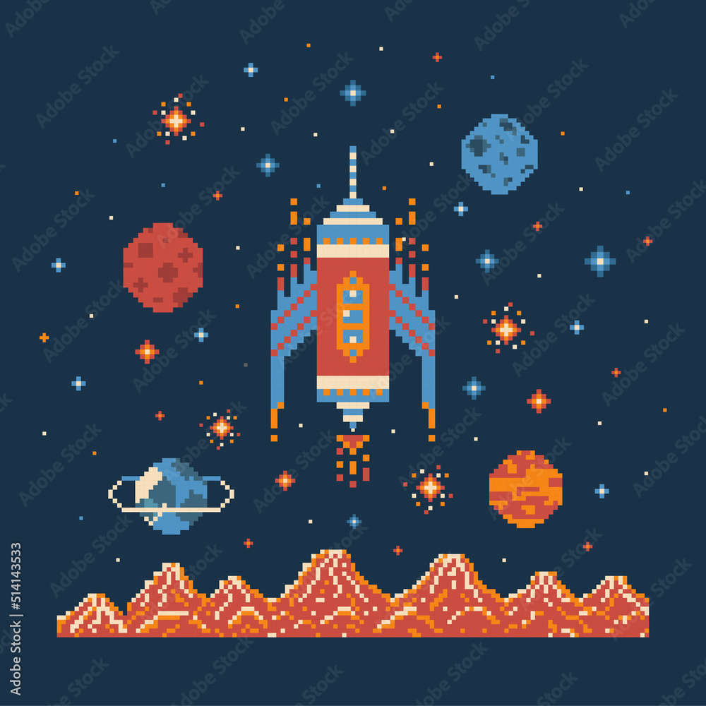 8 bit Pixel Art Rocket in Outer Space Stock Vector | Adobe Stock