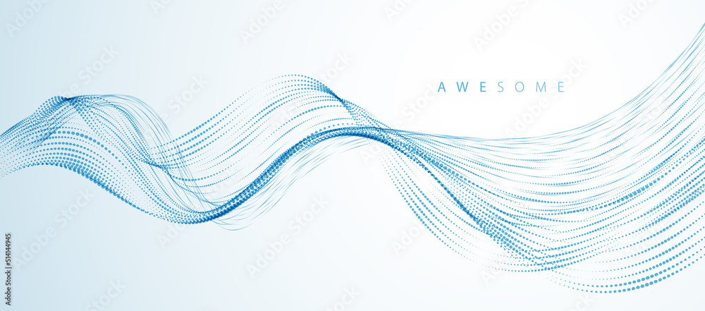 Vector abstract background with wave of flowing particles, smooth curve shape lines, particle array flow. 3d shape dots blended mesh, future technology relaxing wallpaper. - obrazy, fototapety, plakaty 
