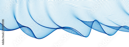 Flowing particles wave, transparent tulle textile on wind, dynamic motion curve lines. 3d vector illustration. Beautiful calming wave shaped array of blended points.