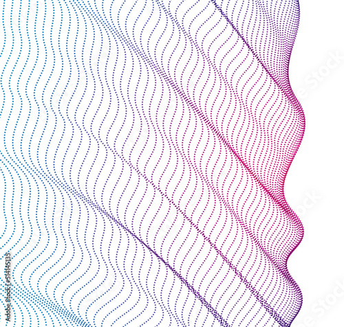 3d particles mesh array, transparent tulle textile on wind flowing. Round points vector effect illustration. Blended mesh, 3d calming tranquil wallpaper.
