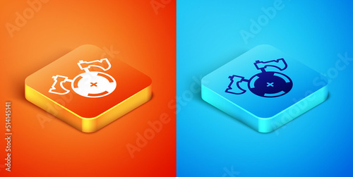 Isometric Medieval shield with crossed axes icon isolated on orange and blue background. Battle axe, executioner axe. Vector