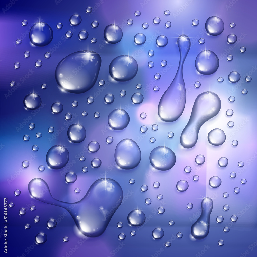 Water rain drops or condensation over blurred background beyond the window realistic transparent 3d vector illustration, easy to put over any background or use droplets separately.