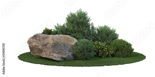 3d render Japanese garden with decorative stones on a white background