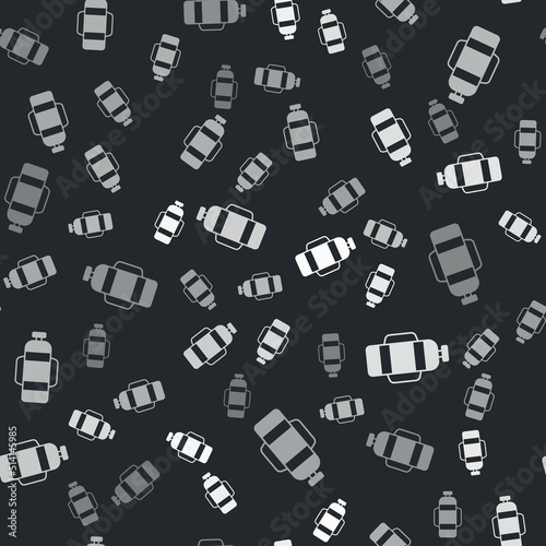 Grey Aqualung icon isolated seamless pattern on black background. Oxygen tank for diver. Diving equipment. Extreme sport. Diving underwater equipment. Vector