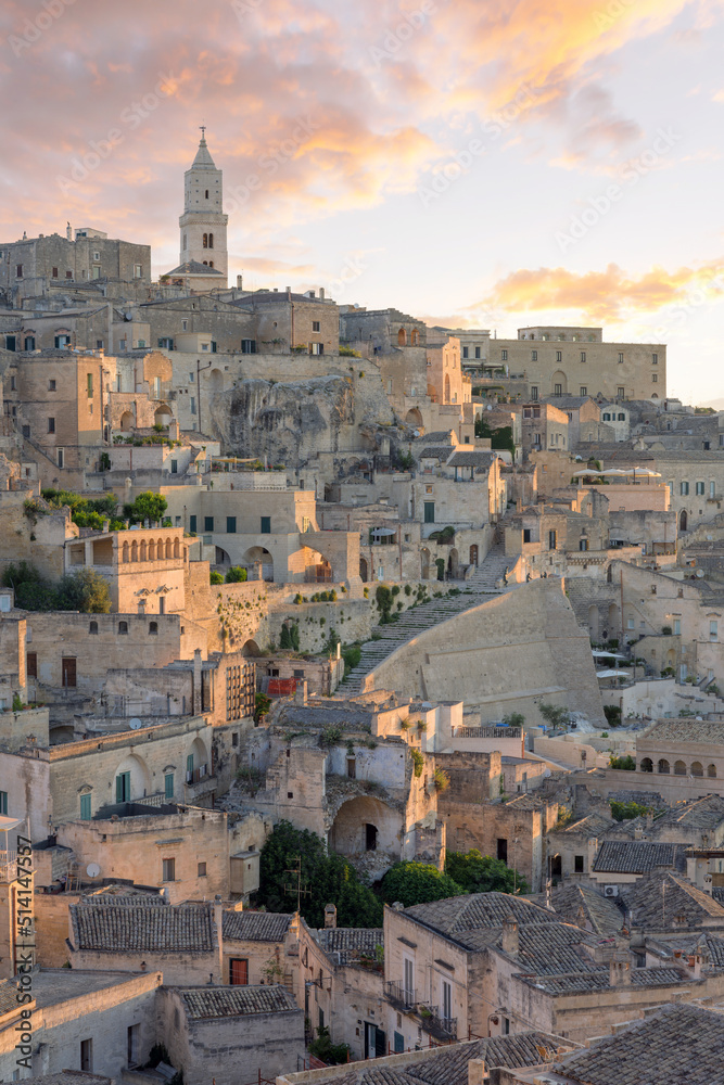 Stunning view of the village of Matera during a beautiful sunset. Matera is a city on a rocky outcrop in the region of Basilicata, in southern Italy.